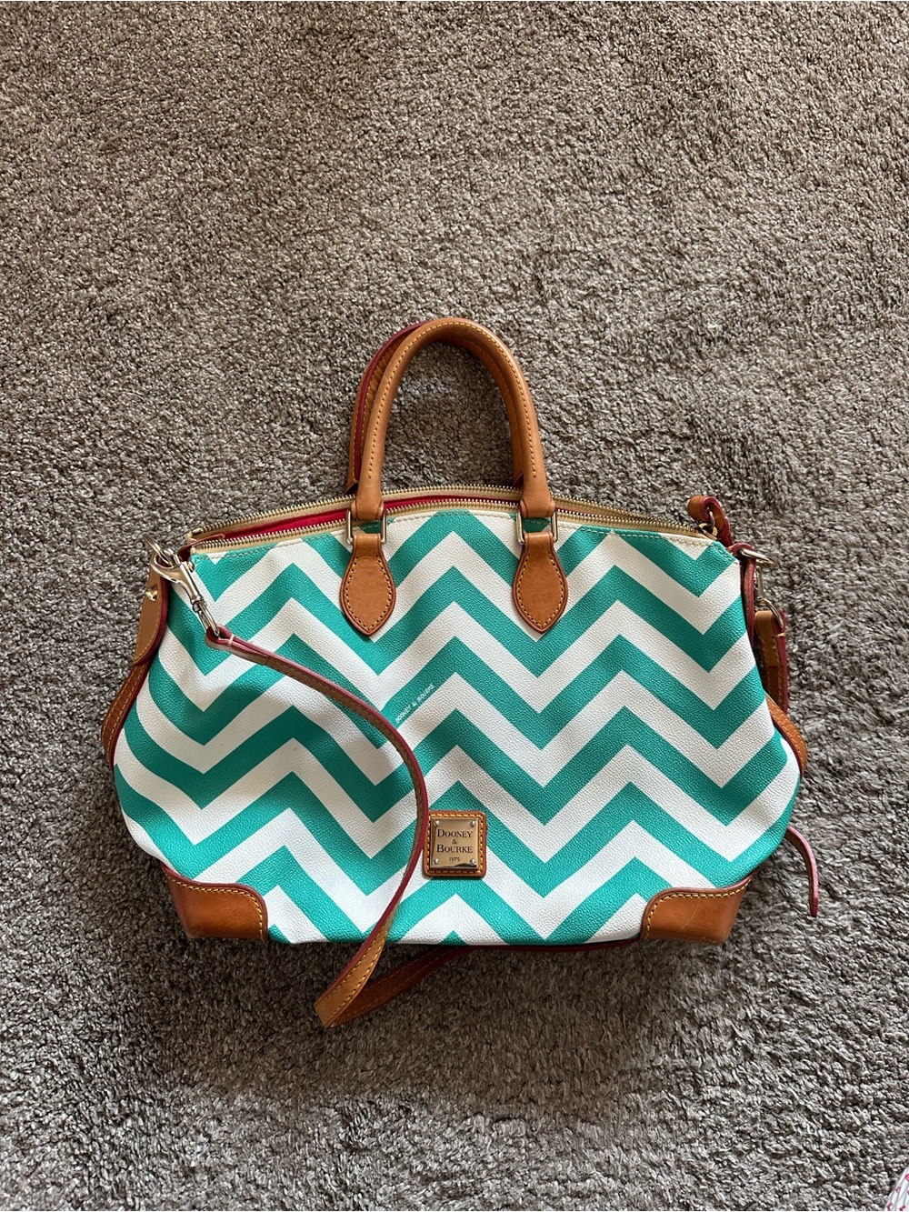 Dooney & Bourke Teal Chevron Satchel with Tan Trim and White Accents